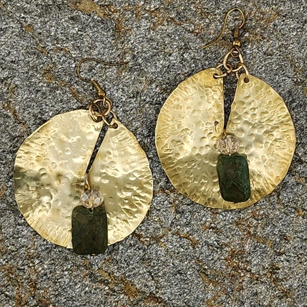 BRASS & AGATE CIRCLE EARRING MAXIMILIST DESIGN HANDMADE STATEMENT JEWELRY